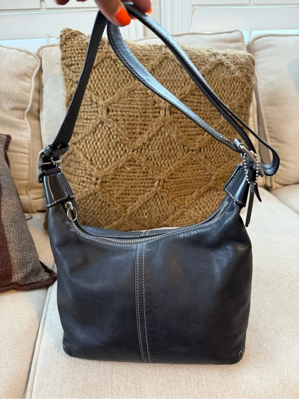 Vintage Coach Legacy Black Leather Hobo Bag with Contrast Stitching 9566